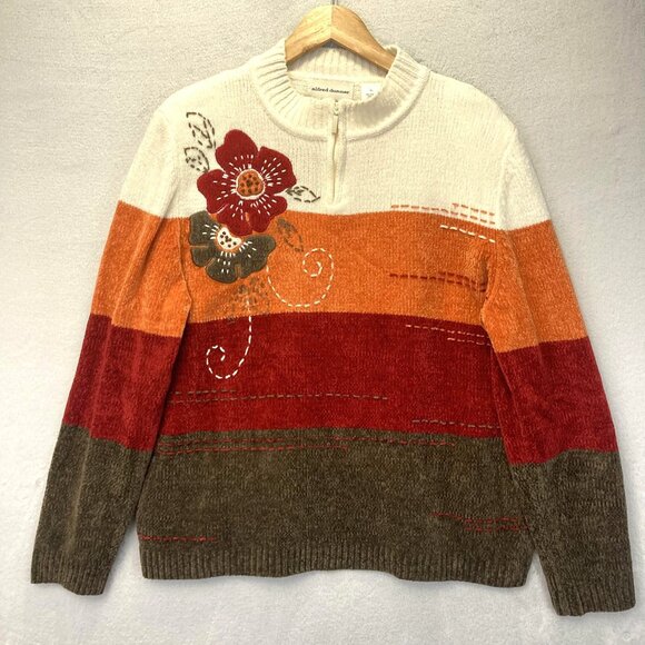 Alfred Dunner Chenille 1/4 Zip Fall Sweater Womens XL Orange Red Stripe Floral - Picture 1 of 12